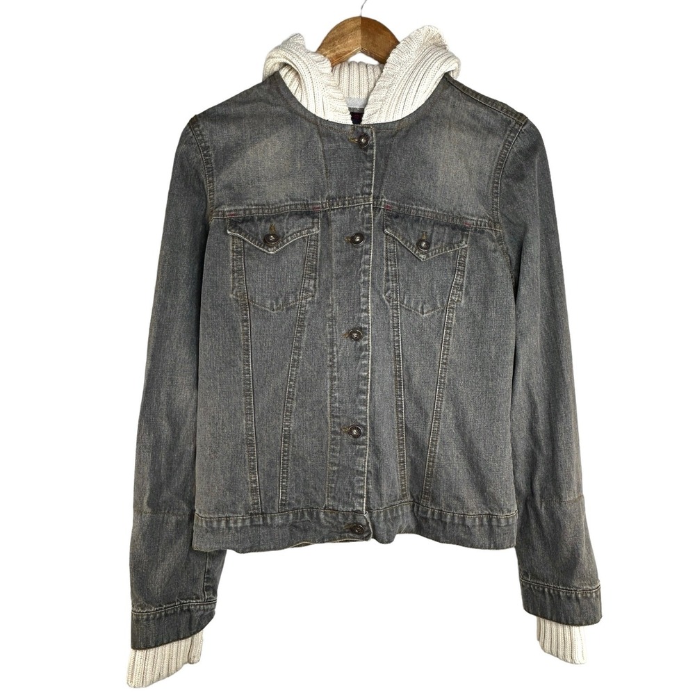 Gloria Gray‎ Denim Jacket Size M Knit Hood Layered Look Button Front Y2K Revival